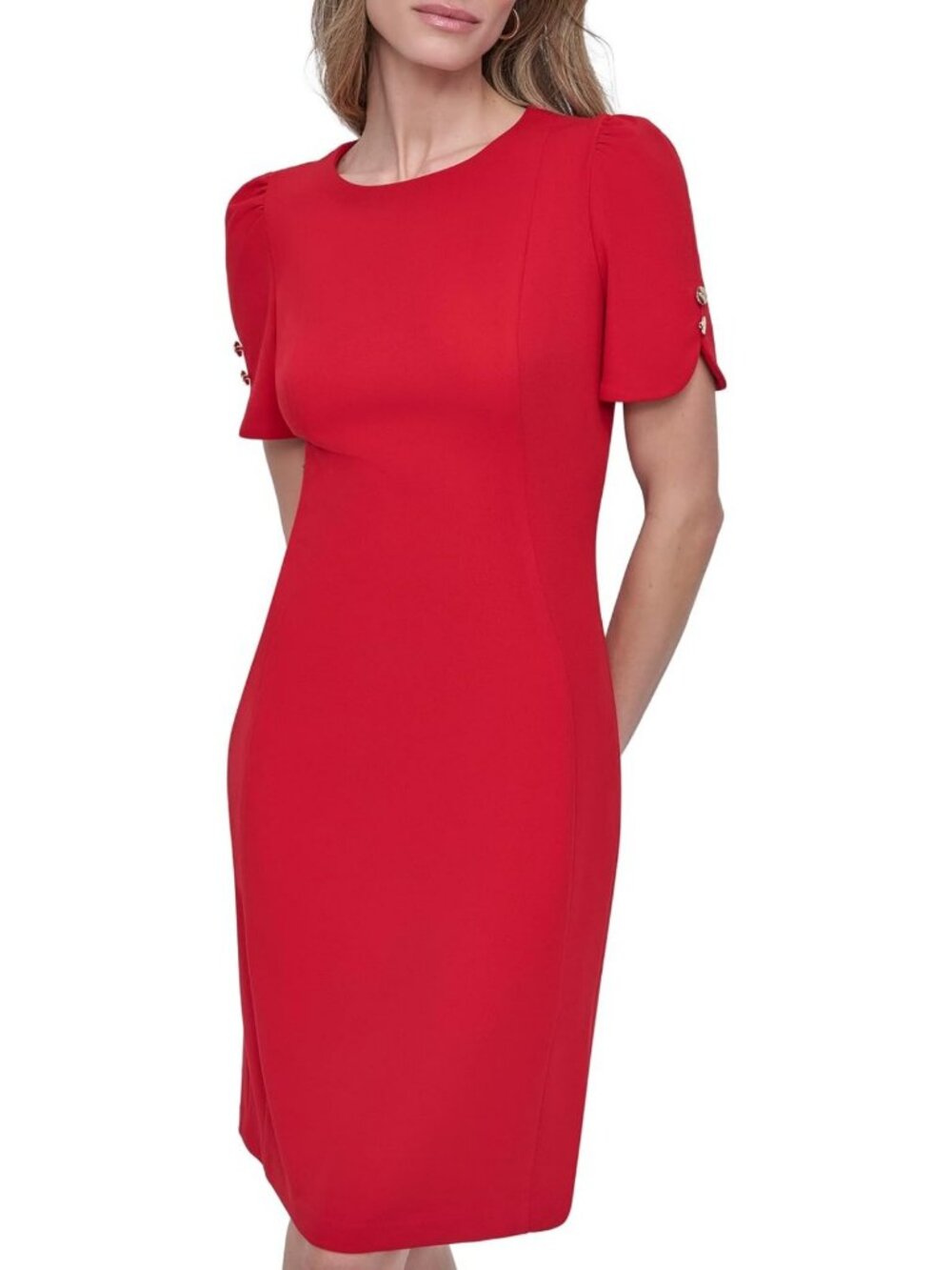 Chic Short Tulip Sleeve Sheath Dress with Button Detail - Perfect for Any